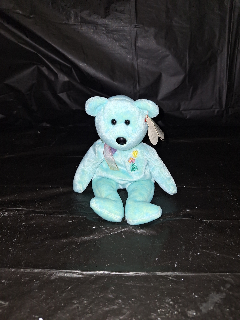 Ty Pastel Blue Beanie Baby "Ariel" Bear with Ribbon and Flower Embroidery